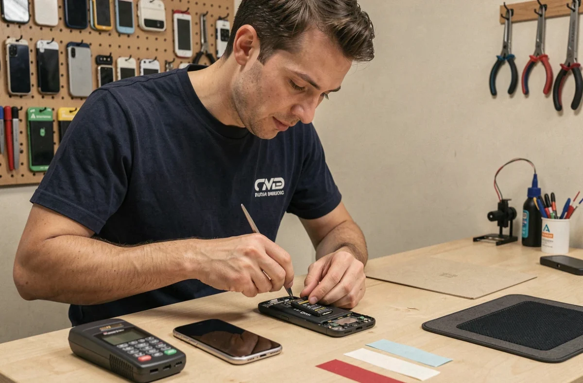 Technicien d'Abi Phone remplaçant la batterie d'un smartphone à Clermont-Ferrand