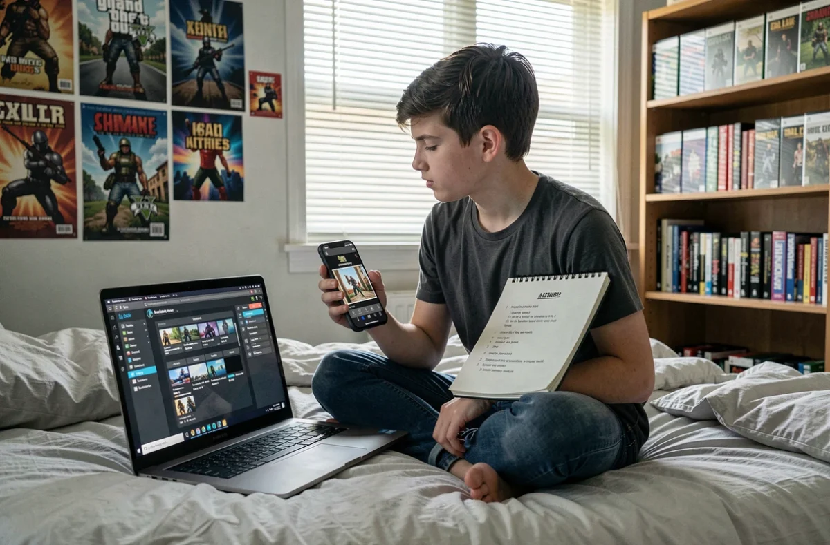 Adolescent installant des mods GTA V sur un ordinateur portable dans sa chambre avec tutoriel sur smartphone