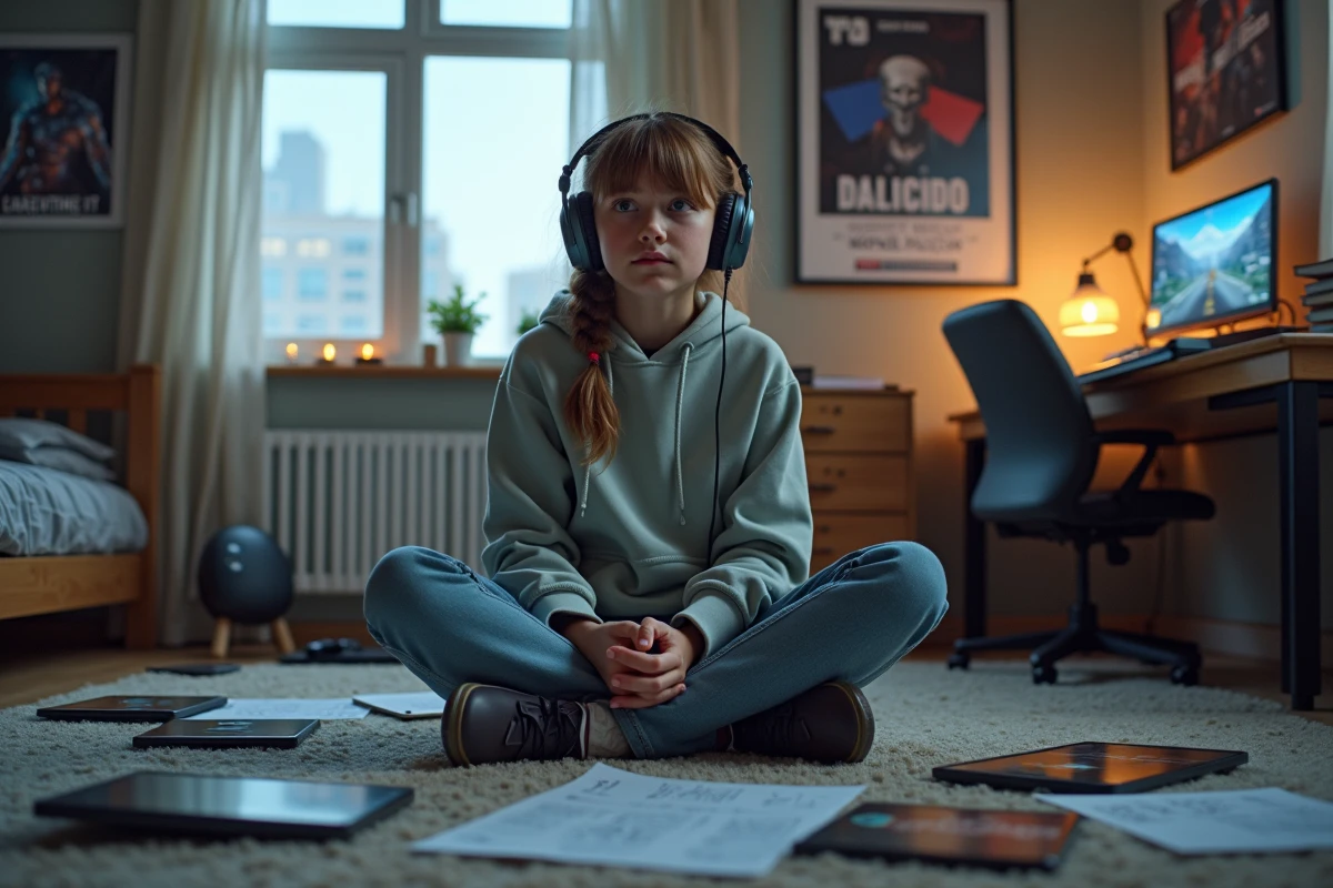 Adolescente jouant avec casque dans sa chambre de gamer