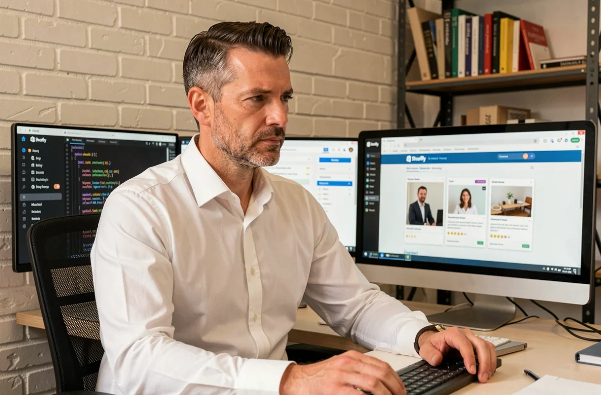 Développeur de l'agence e+p à Marseille travaillant sur du code Shopify dans un bureau industriel modernisé