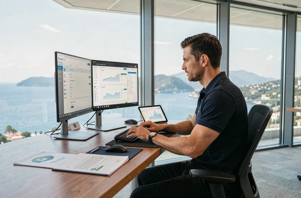 Développeur de l'agence Artich.io à Nice configurant une boutique Shopify Plus avec vue sur la mer