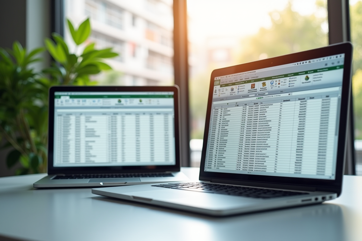 Bureau moderne avec deux ordinateurs portables affichant Access et Excel