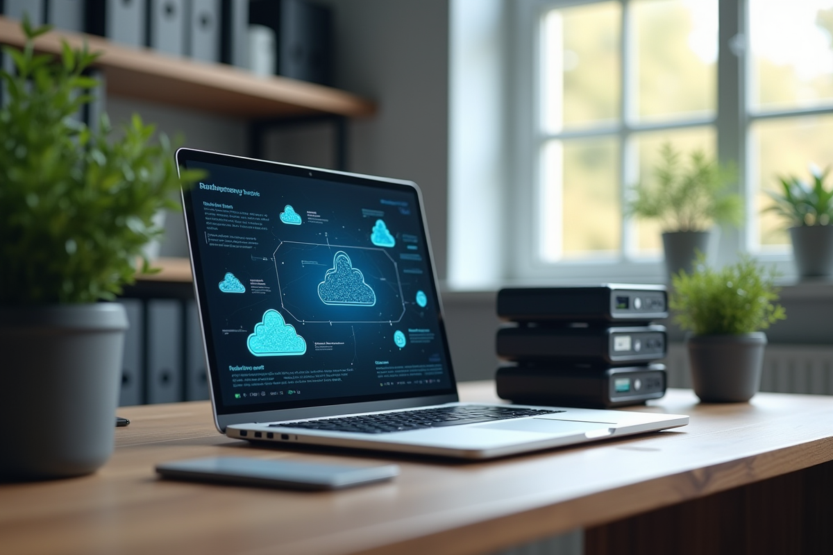 Espace de travail avec ordinateur portable et icônes de cloud
