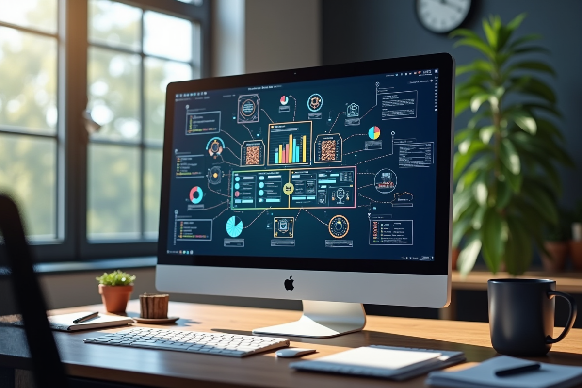 Bureau moderne avec écran affichant un diagramme de base de données