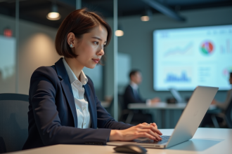 Femme d'affaires regardant un tableau de bord marketing