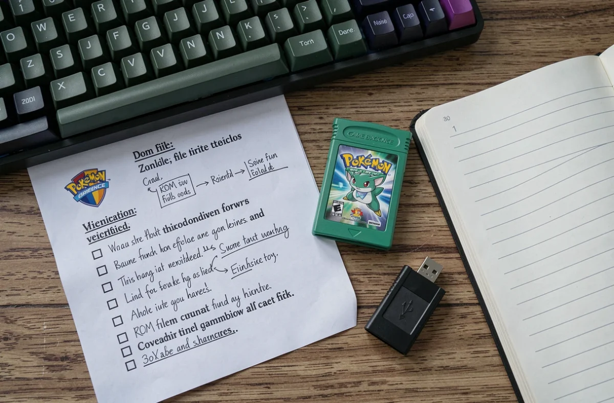 Cartouche Game Boy Advance Pokémon Émeraude posée sur un bureau avec clavier et clé USB pour téléchargement de ROM