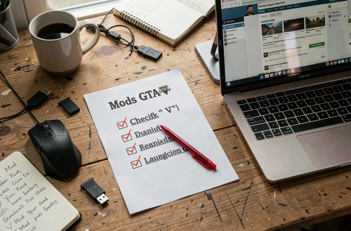 Checklist imprimée pour installer des mods GTA V avec stylo rouge et clés USB sur un bureau en bois