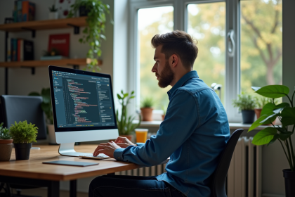 Jeune developpeur homme en code sur son ordinateur