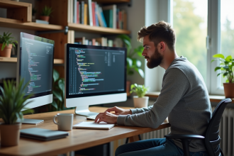 Jeune developpeur logiciel en code sur deux ecrans