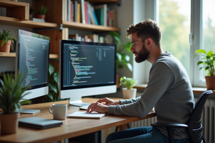Jeune developpeur logiciel en code sur deux ecrans