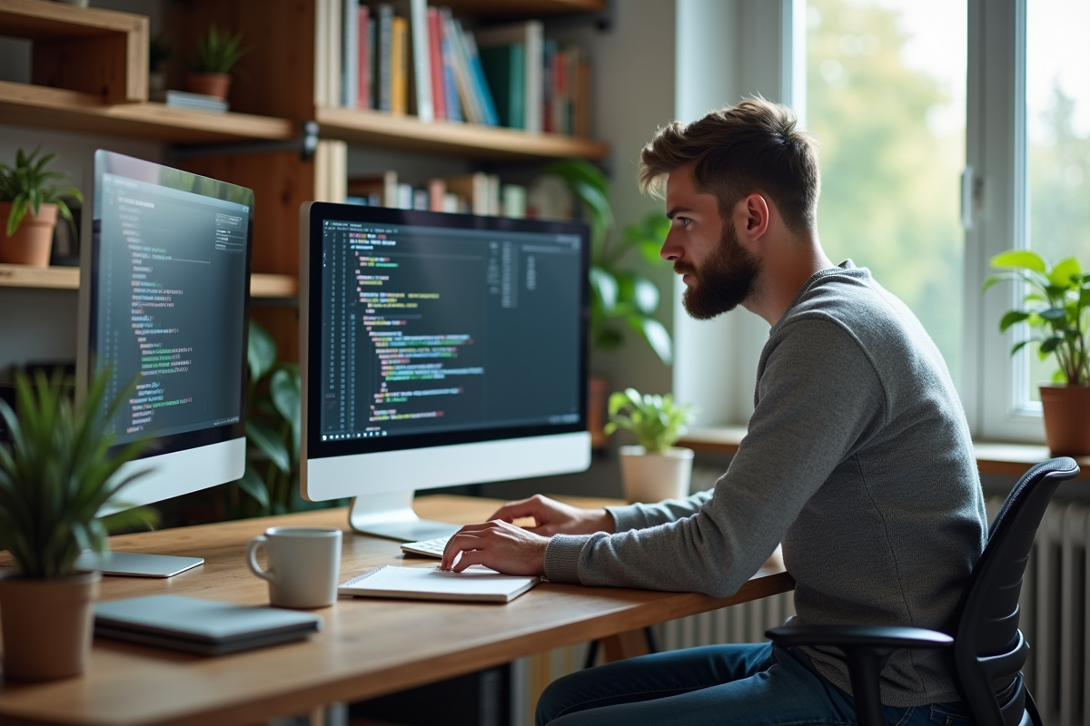 Jeune developpeur logiciel en code sur deux ecrans