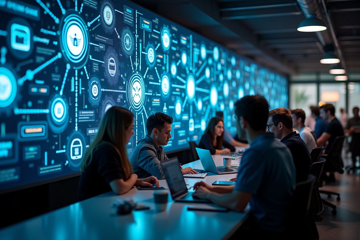Groupe de développeurs web collaborant dans un espace de coworking