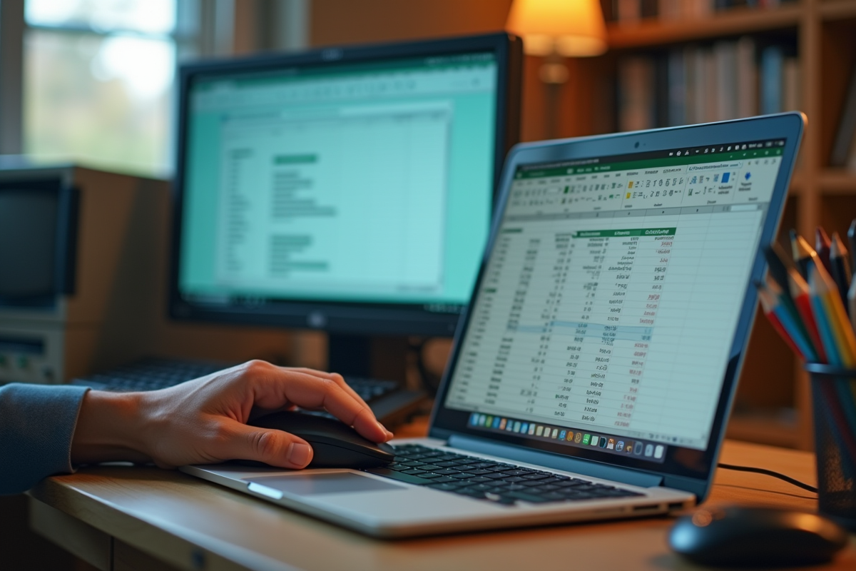 Main utilisant une souris pour déplacer des fichiers de base de donnees vers Excel