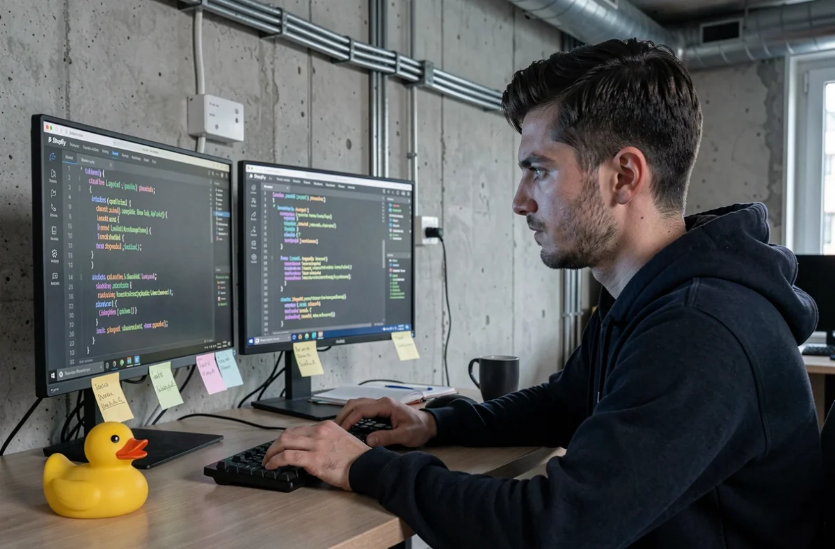 Développeur de e-Frogg à Marseille codant en Liquid sur un projet Shopify dans un studio technique