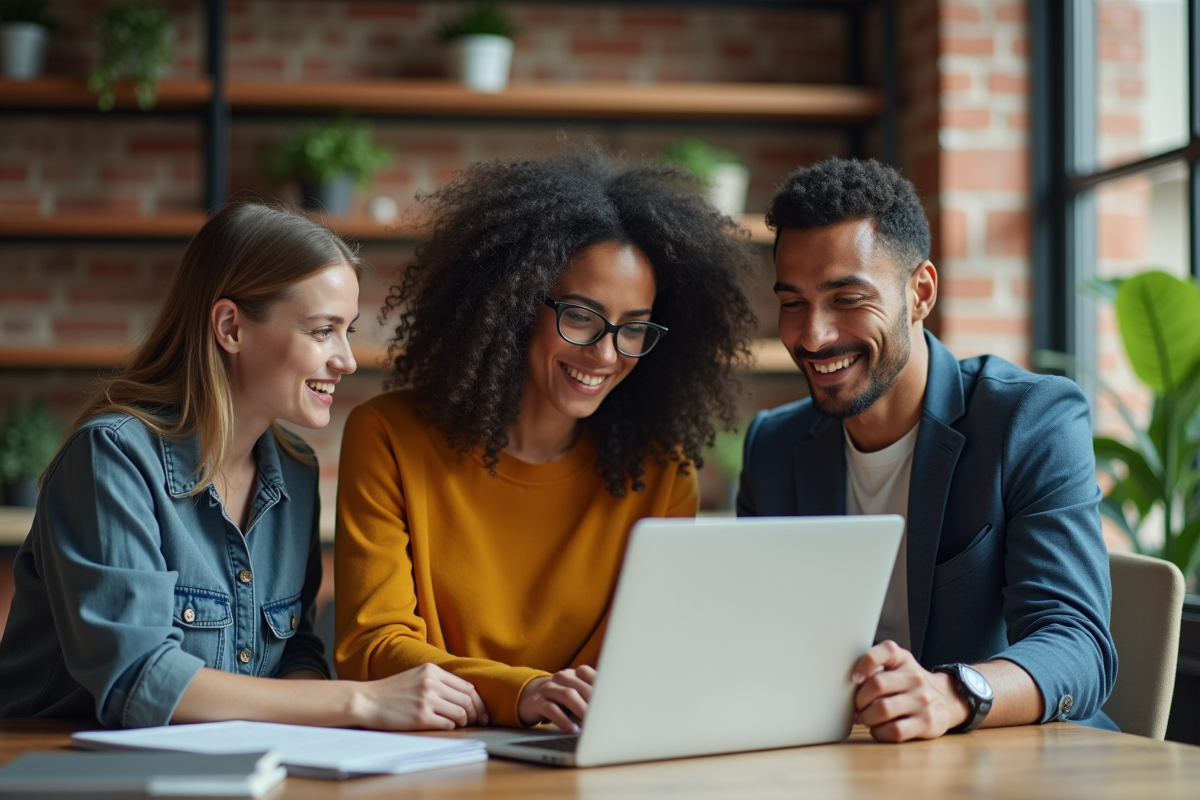 Groupe de trois jeunes professionnels collaborant autour d