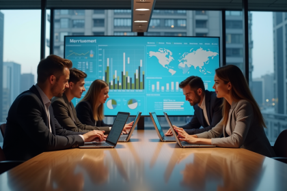 Groupe de professionnels du marketing analysant des données numériques