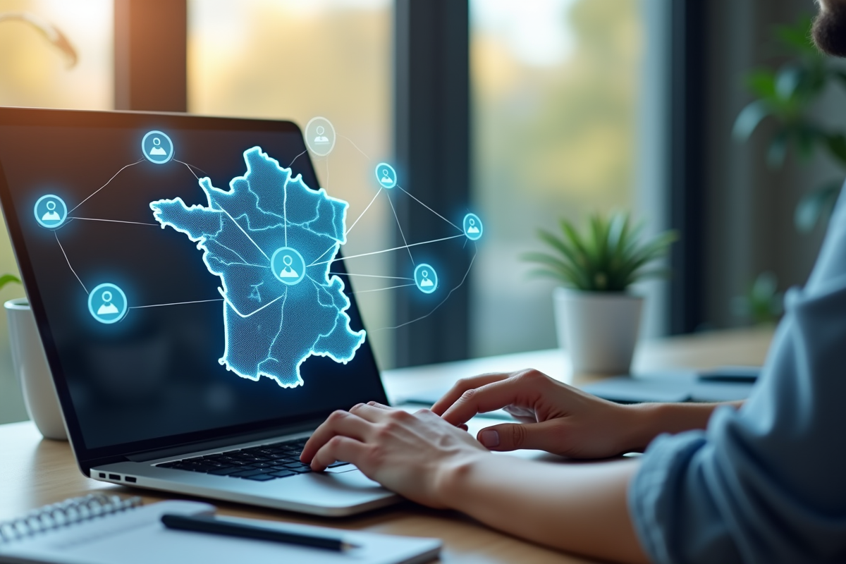 Espace de travail moderne avec carte de France et icônes sociales animées