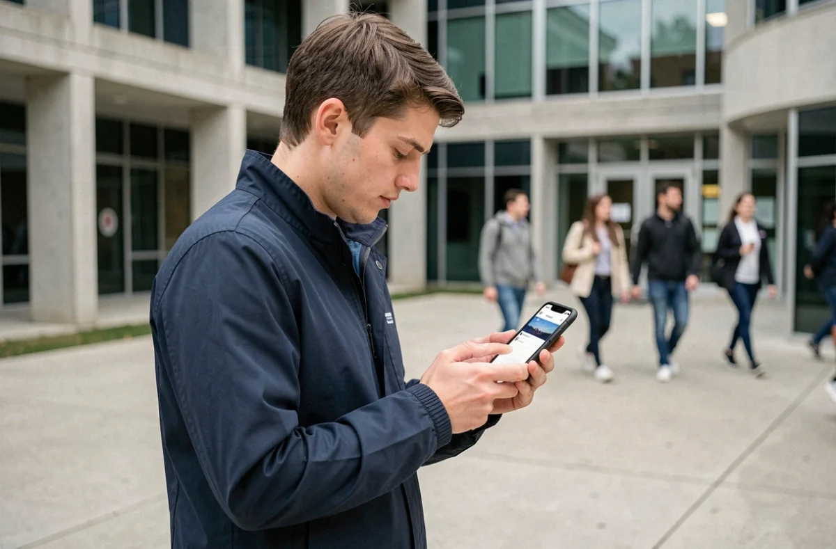 Étudiant configurant le webmail de l'Université de Nantes sur iPhone en extérieur sur le campus