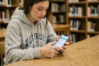 Étudiante consultant sa messagerie universitaire Nantes sur smartphone Android dans une bibliothèque universitaire