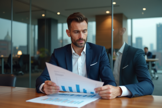 Cadre d'un executive en costume bleu analysant des graphiques de benchmarking