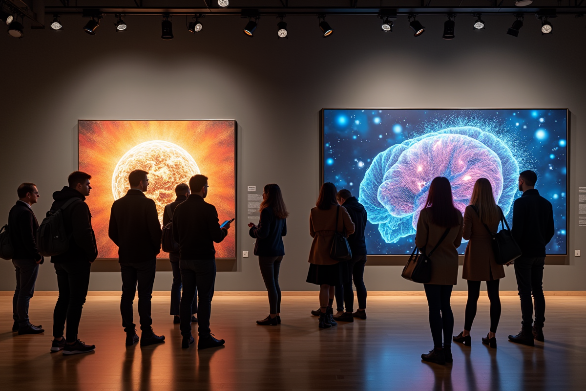 Visiteurs découvrant une peinture traditionnelle et une œuvre digitale par IA