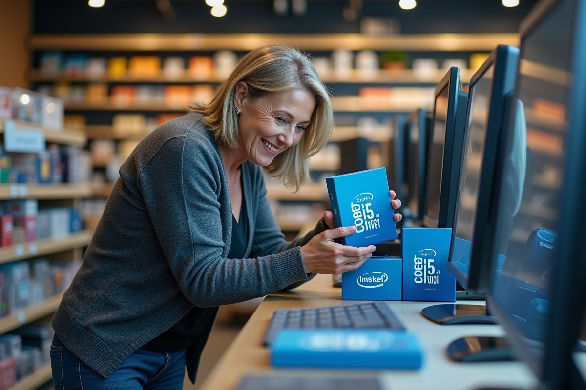 Femme examine des boîtes de processeurs en magasin informatique
