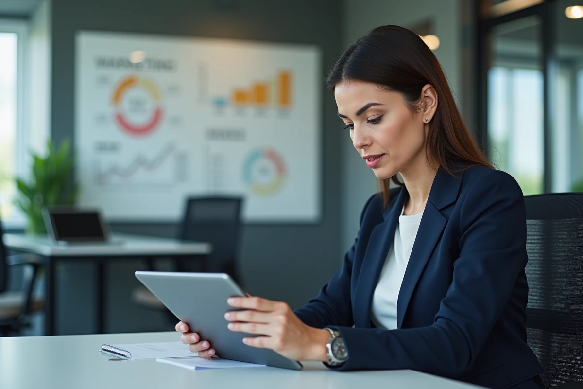 Femme d'affaires analysant des données marketing sur une tablette