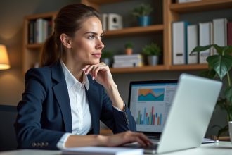 Femme professionnelle analysant un tableau de bord sur son ordinateur