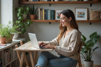 Jeune femme au bureau à domicile regardant des impressions d'art