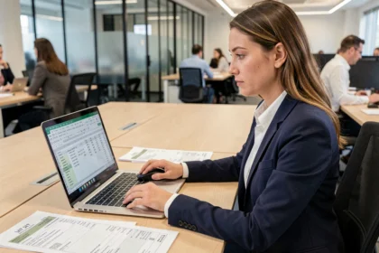 Femme en blazer marine utilisant Excel pour calculer des prix HT et TTC avec la fonction soustraction dans un bureau moderne