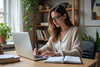 Jeune femme au bureau compare documents sur ordinateur