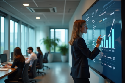 Femme professionnelle utilisant un tableau interactif en bureau