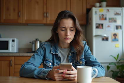 Femme déconnectée de Messenger dans sa cuisine chaleureuse