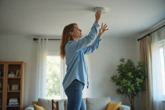 Femme vérifiant un détecteur de fumée dans un salon moderne