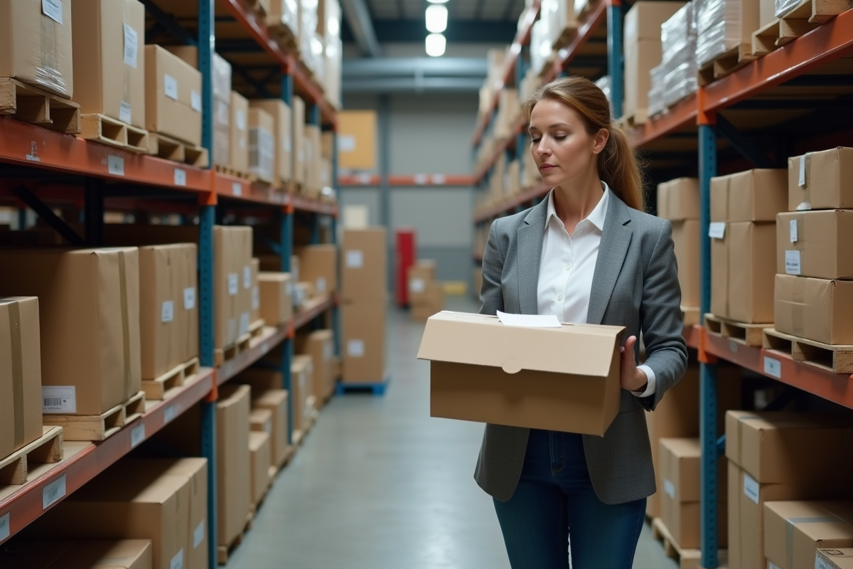 Femme d affaires organisant des colis dans un stock bien rangé