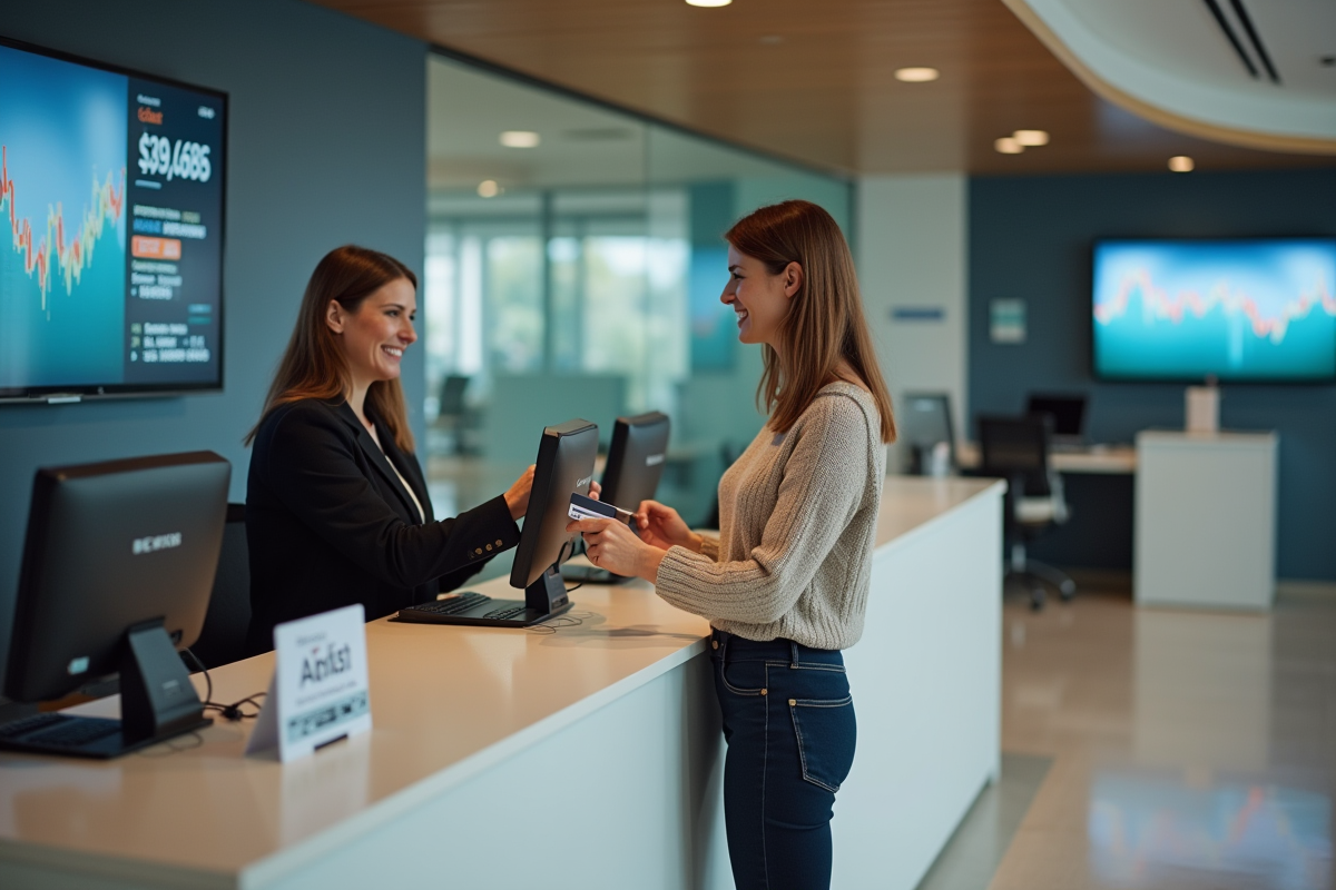 Femme remettant sa carte bancaire à un conseiller en banque