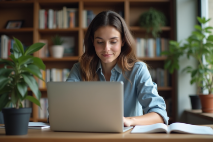 Jeune femme lisant un flux RSS sur son ordinateur à la maison