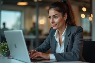 Femme confiante analysant des données marketing sur son ordinateur