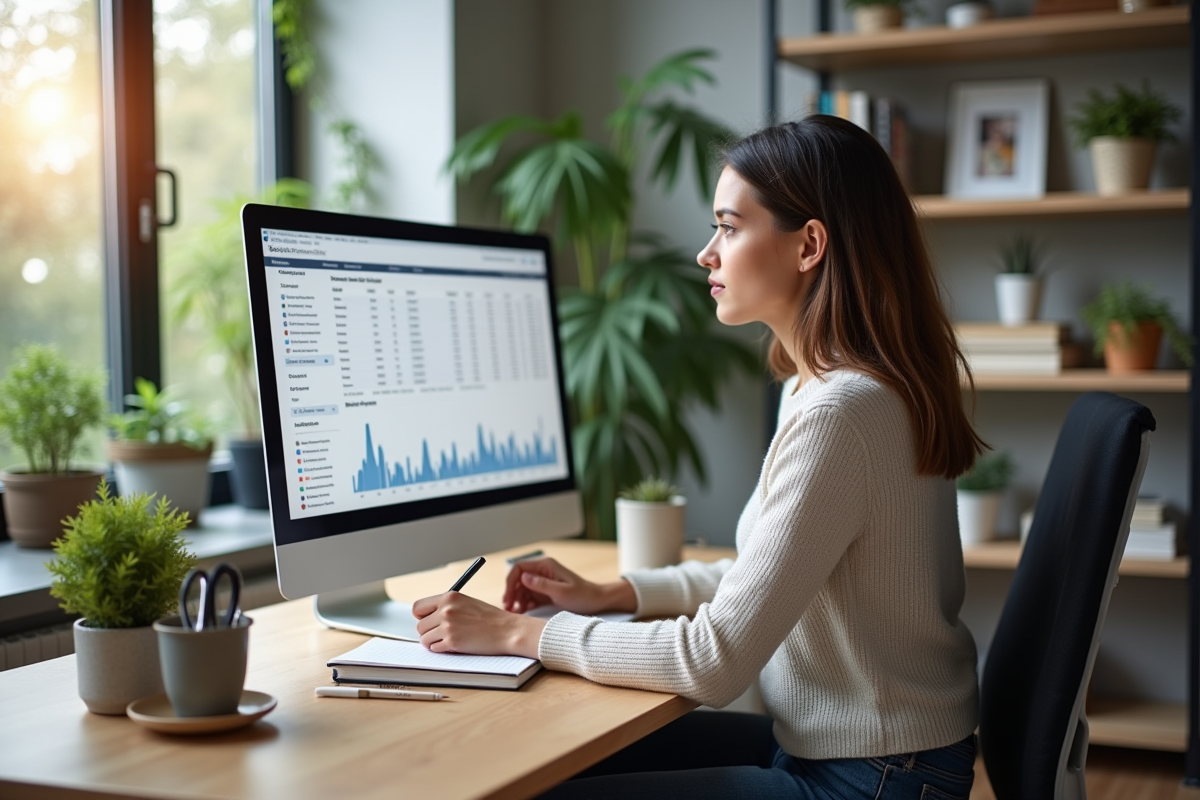 Jeune femme travaillant sur un tableau de bord SEO