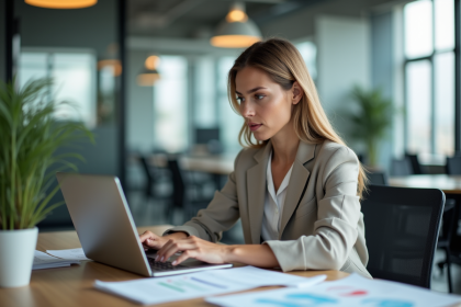 Femme d'affaires concentrée au bureau avec ordinateur