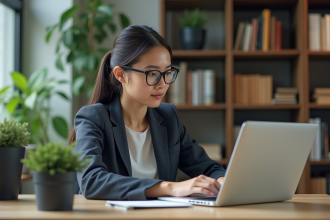 Jeune femme professionnelle travaillant sur un ordinateur dans un bureau lumineux