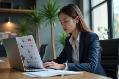 Femme d'affaires en réunion avec un graphique d'email marketing