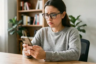 Femme hésitante consultant son smartphone avant de partager une story privée sur une application mobile