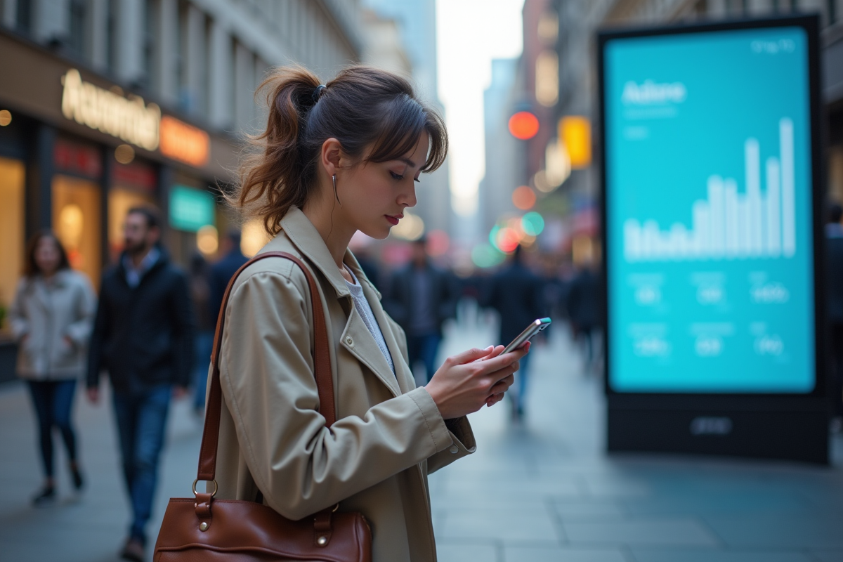 Jeune femme utilisant son smartphone face à un panneau interactif urbain