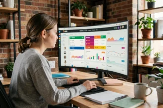 Jeune femme consultant un tableau de bord de classement de sites web par ping sur un écran ultrawide dans un bureau moderne à domicile