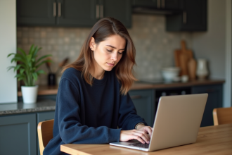 Jeune femme travaillant sur son ordinateur dans la cuisine