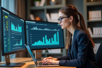 Jeune femme analysant des graphiques sur son ordinateur portable