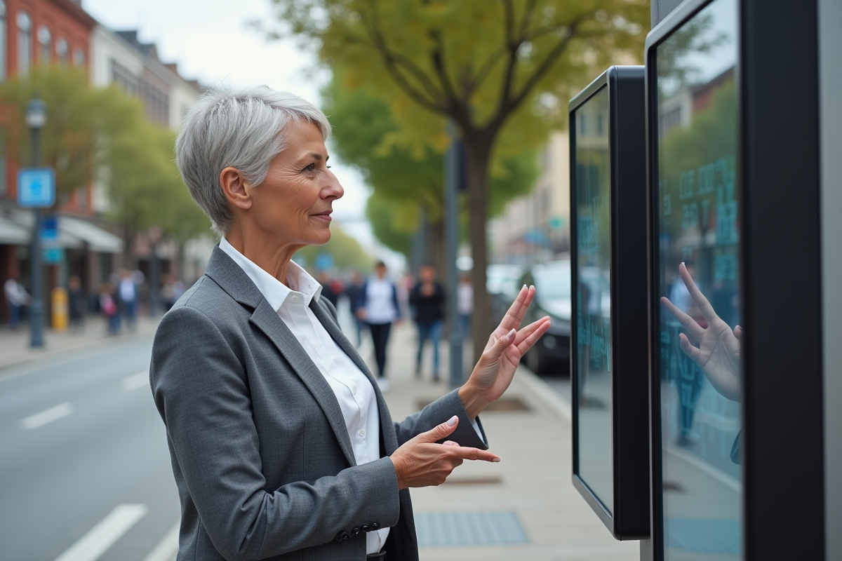 Femme d affaires montre un dispositif edge en ville