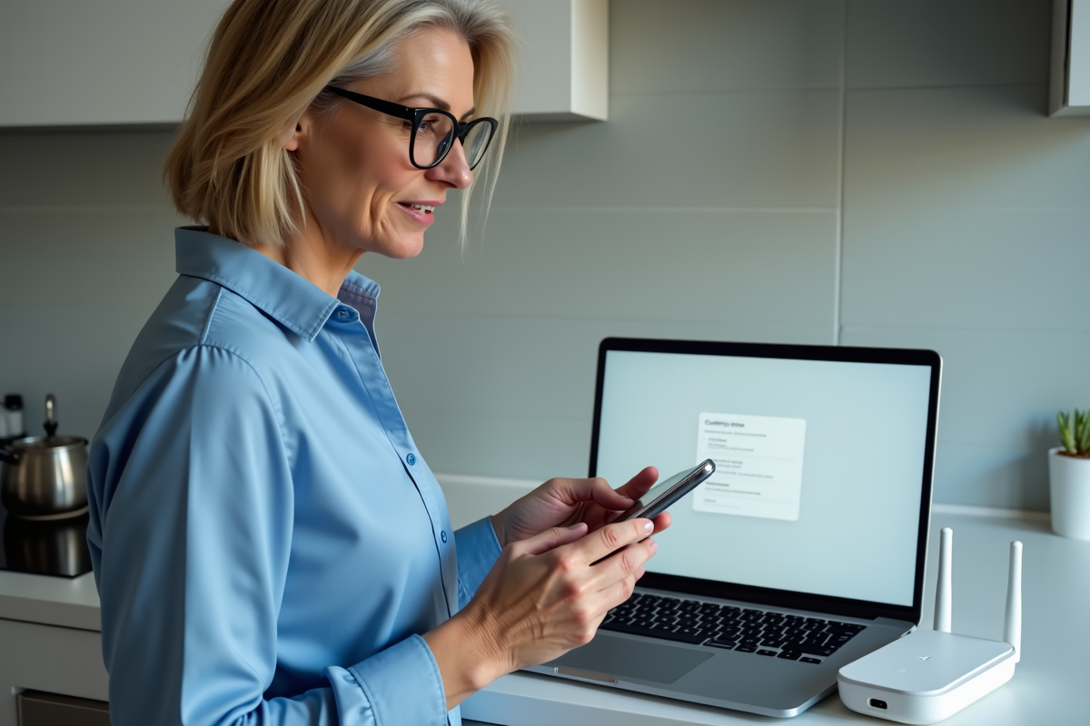 Femme utilisant son smartphone dans une cuisine moderne