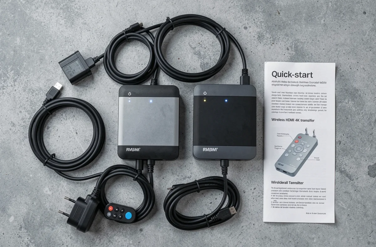 Vue aérienne d'un transmetteur et récepteur HDMI 4K sans fil avec accessoires sur fond béton